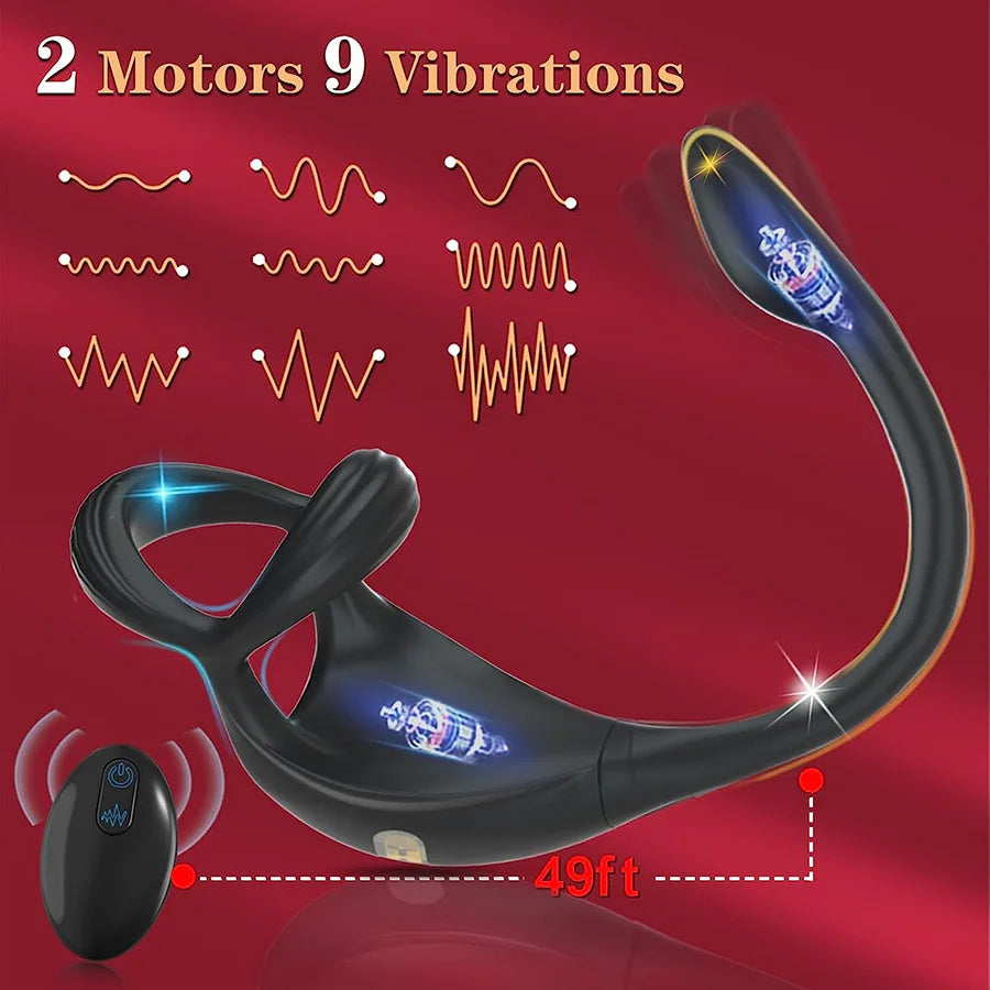 Vibrating Cock Ring Anal Plug with Prostate Massager, 4 in1 Taint Stimulator Penis Ring Vibrator Couples Adult Sex Toys for Men