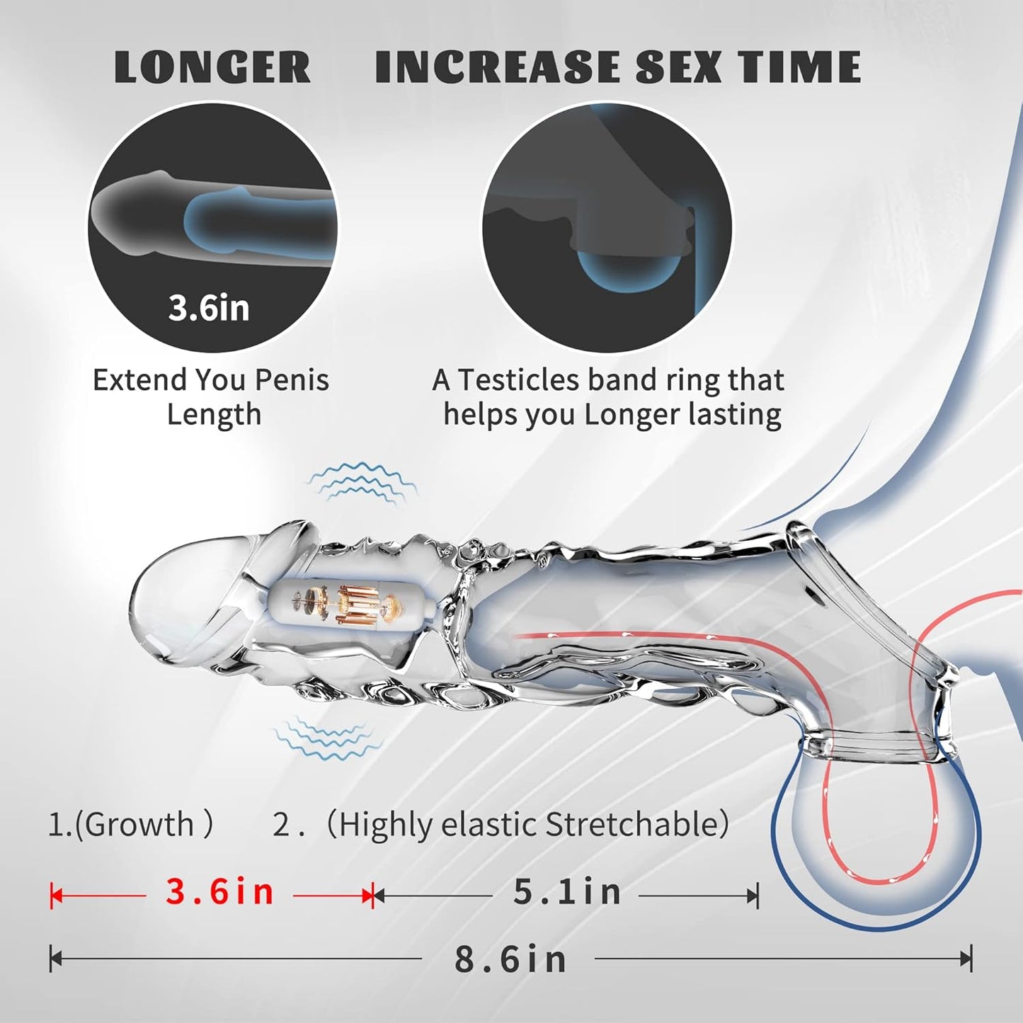 Reusable Penis Sleeve with Vibrator Penis Ring,3.6 inch Clear Penis Sleeve Cock Ring Extender Ultra-Soft Penis Enlarger for Couples Vibrating Dildo for Cock Enlarger