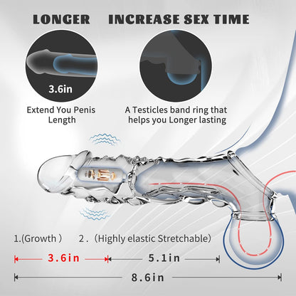 Reusable Penis Sleeve with Vibrator Penis Ring,3.6 inch Clear Penis Sleeve Cock Ring Extender Ultra-Soft Penis Enlarger for Couples Vibrating Dildo for Cock Enlarger